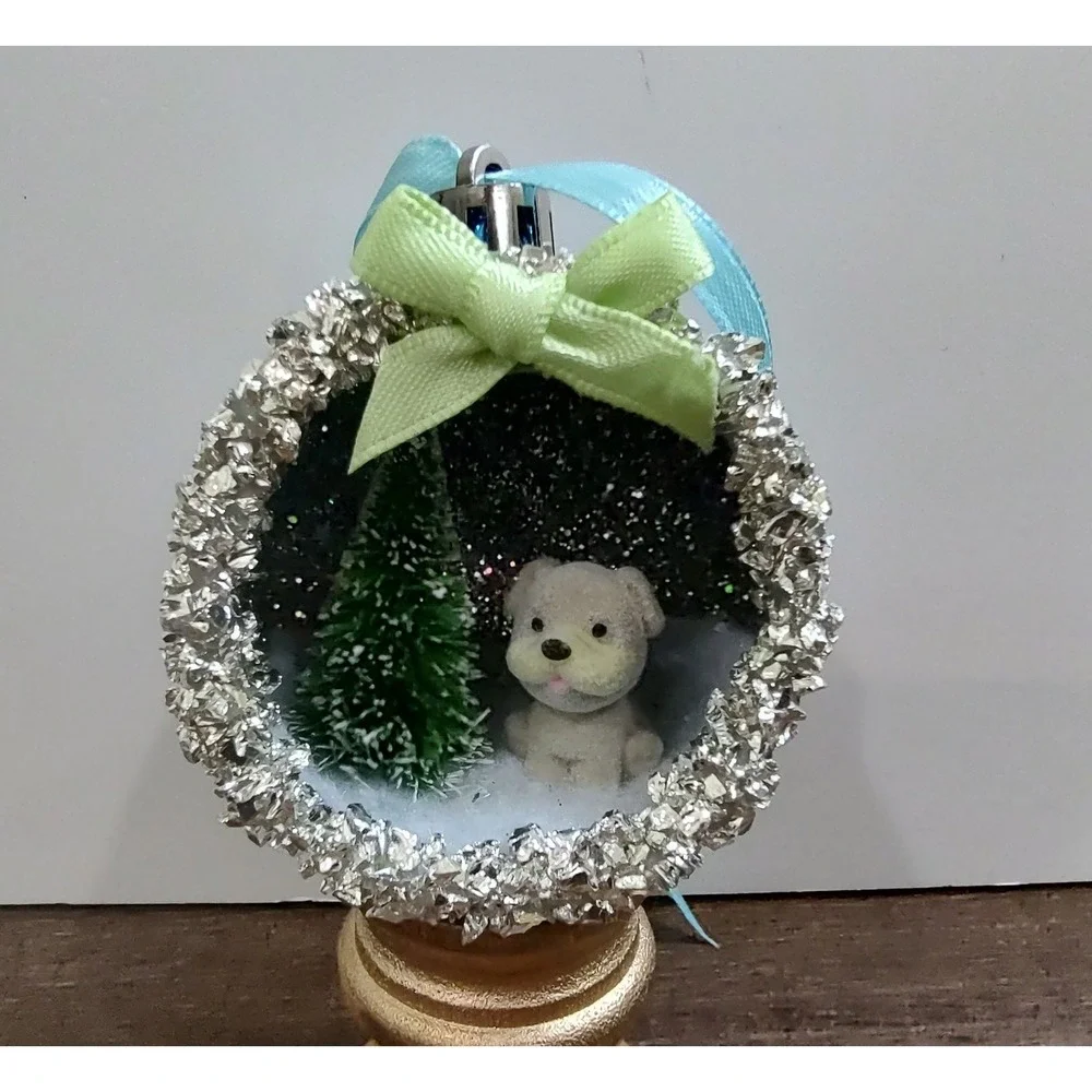 Dog Christmas Ornament Handmade Vtg Style OOAK Shatterproof Pitt Bull Diorama O7